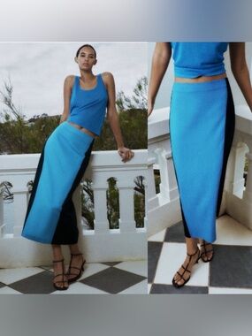 Zara Linen Blue Colorblock Back Slit Midi Skirt Small